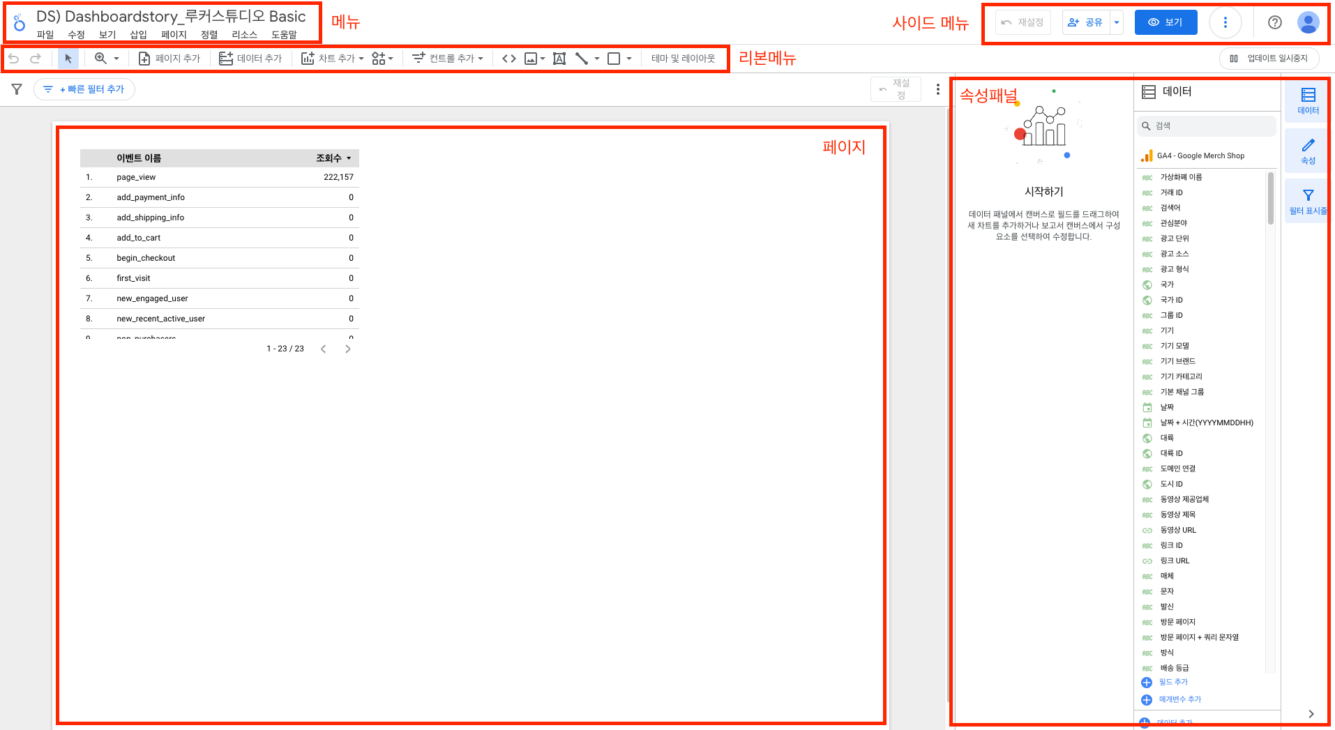 루커스튜디오 5가지 영역